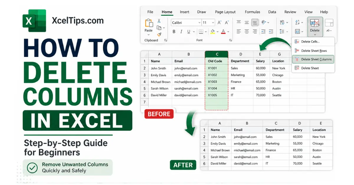 Beginner Excel worksheet showing how to delete columns in Excel.