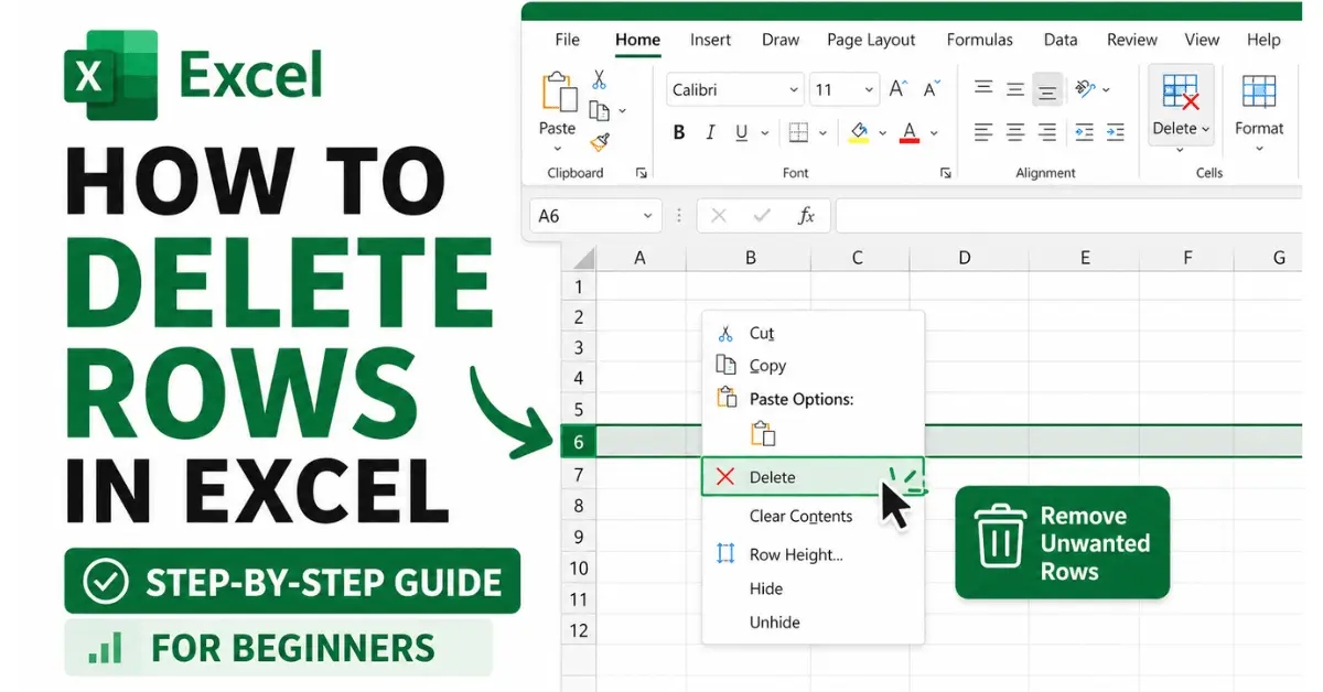 Worksheet showing how to delete rows in Excel.