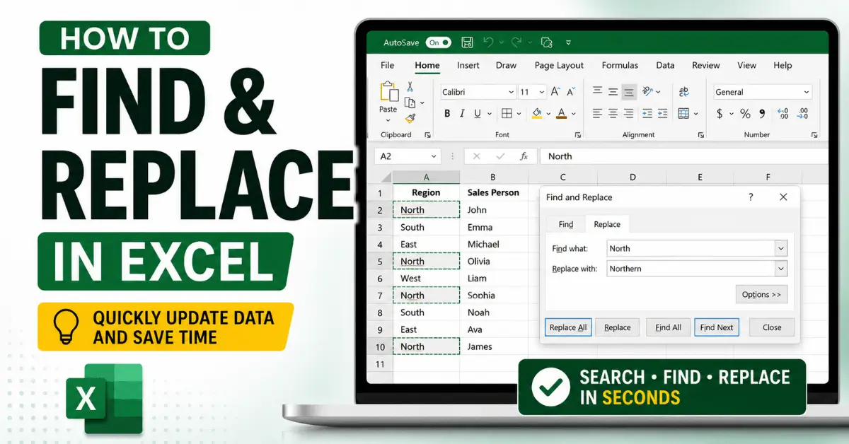 Find and Replace in Excel dialog box used to update worksheet data.