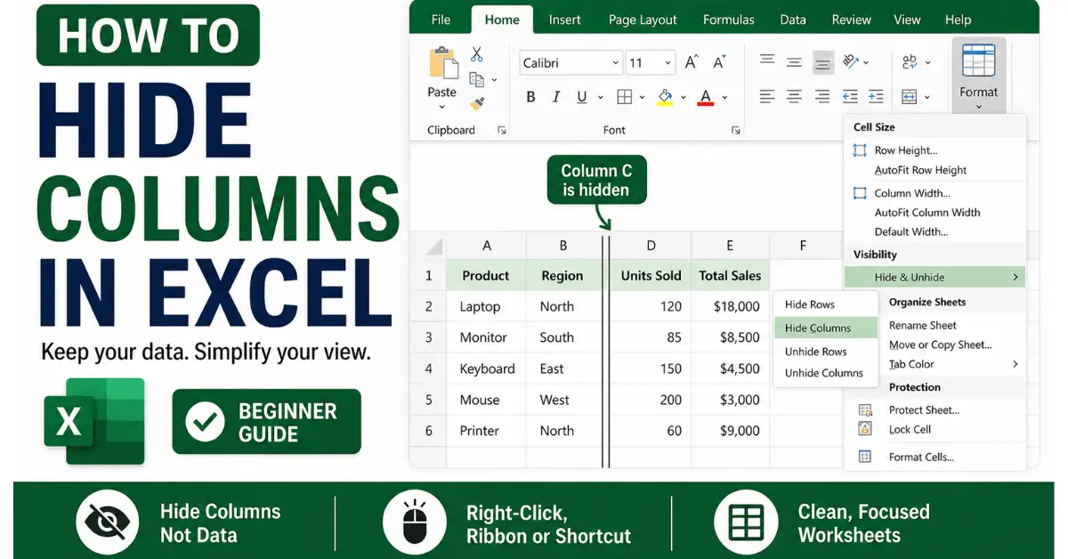 Excel worksheet showing hidden columns with a beginner-friendly title about how to hide columns in Excel.