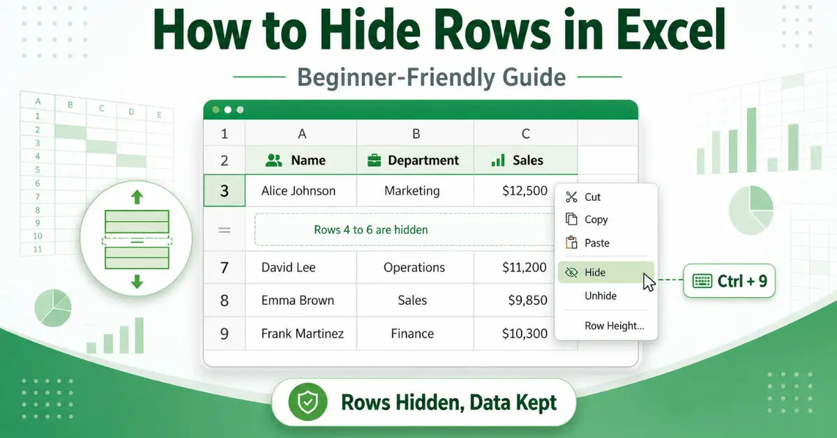 Beginner worksheet showing how to hide rows in excel.