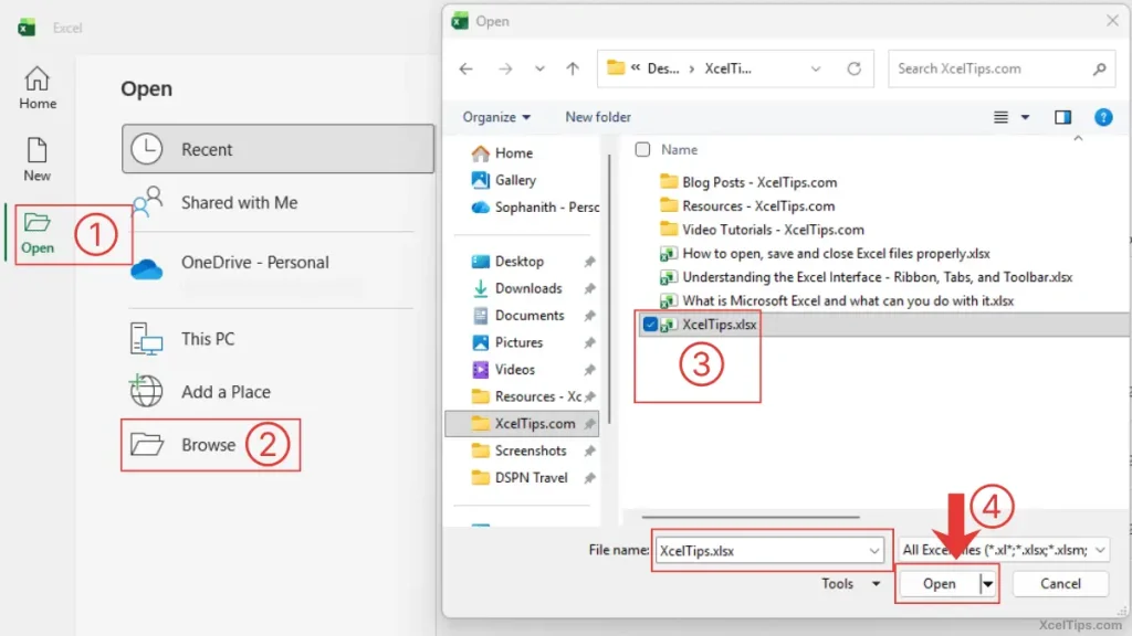 Screenshot showing how to open an Excel file in Microsoft Excel 365 by clicking File, selecting Open, and choosing Browse from the left panel.