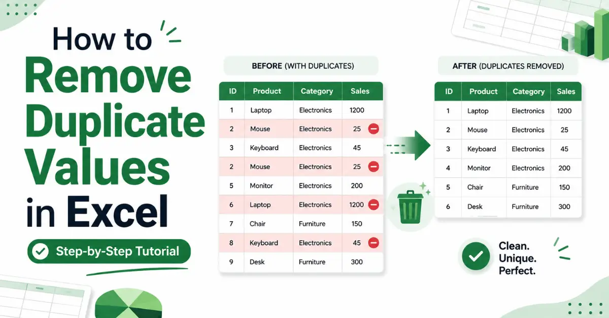 A worksheet showing how to remove duplicate values in Excel