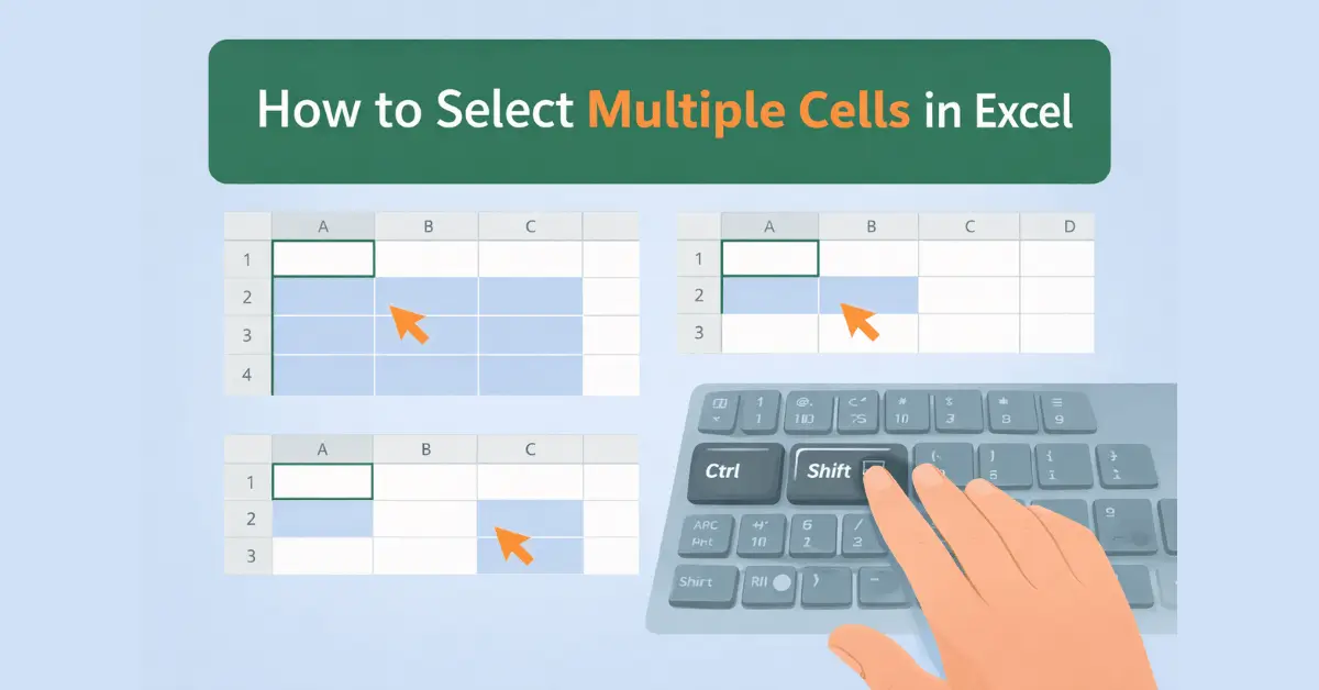 Illustration showing how to select multiple cells in Excel using drag selection, Ctrl, and Shift.
