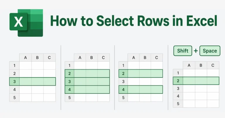Illustration showing how to select multiple rows in Excel using row numbers and keyboard shortcuts.