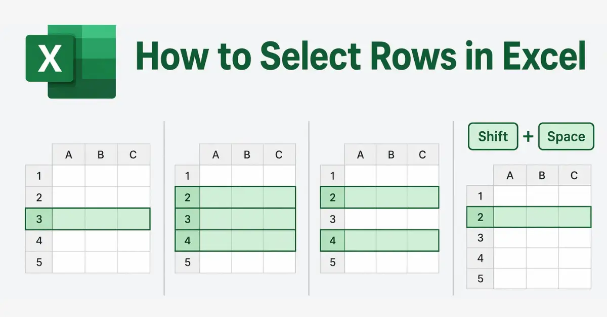 Illustration showing how to select multiple rows in Excel using row numbers and keyboard shortcuts.