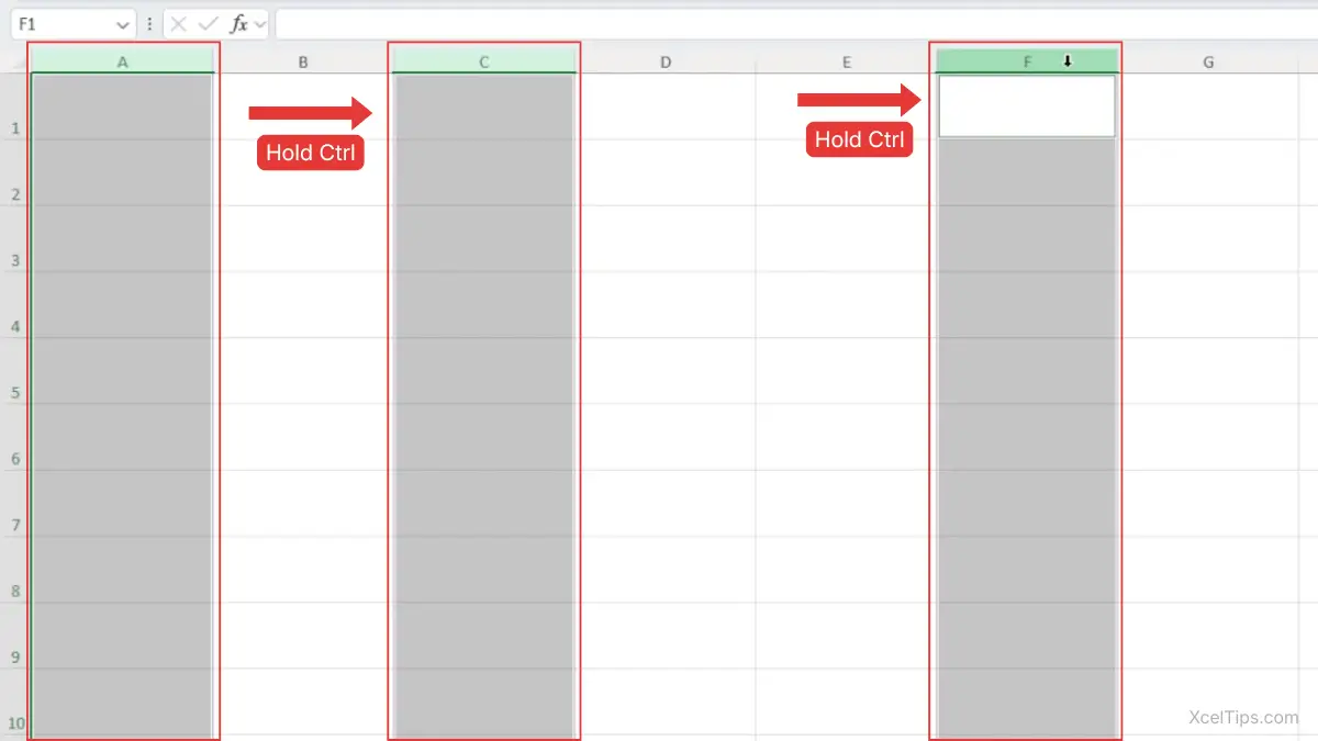 Excel worksheet showing non-adjacent columns A, C, and F selected using Ctrl while the other columns remain unselected.