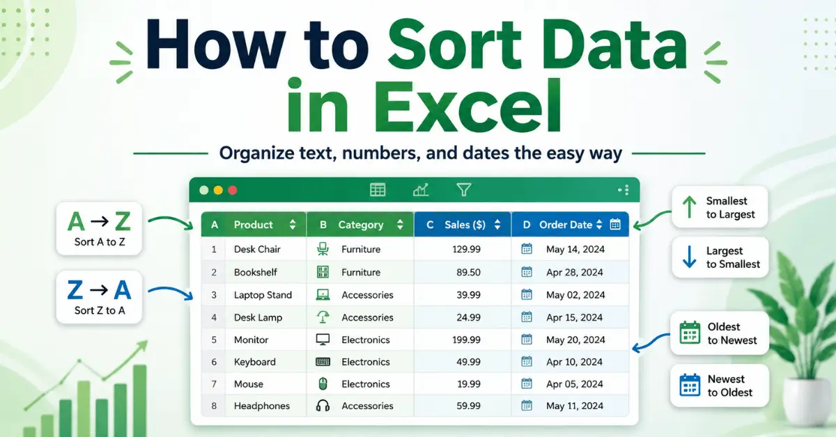 Beginner worksheet showing how to sort data in Excel with Sort A to Z and Sort Z to A options.