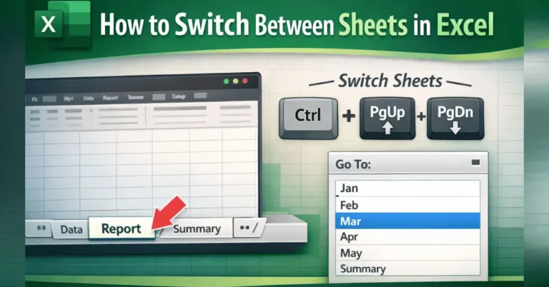 Beginner guide showing how to switch between sheets in Excel using tabs and keyboard shortcuts.