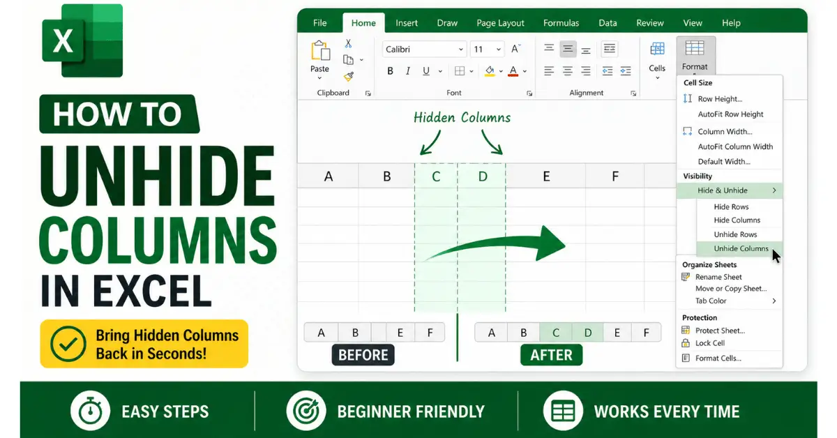 Beginner worksheet showing how to unhide columns in Excel, being restored with the Unhide Columns command.