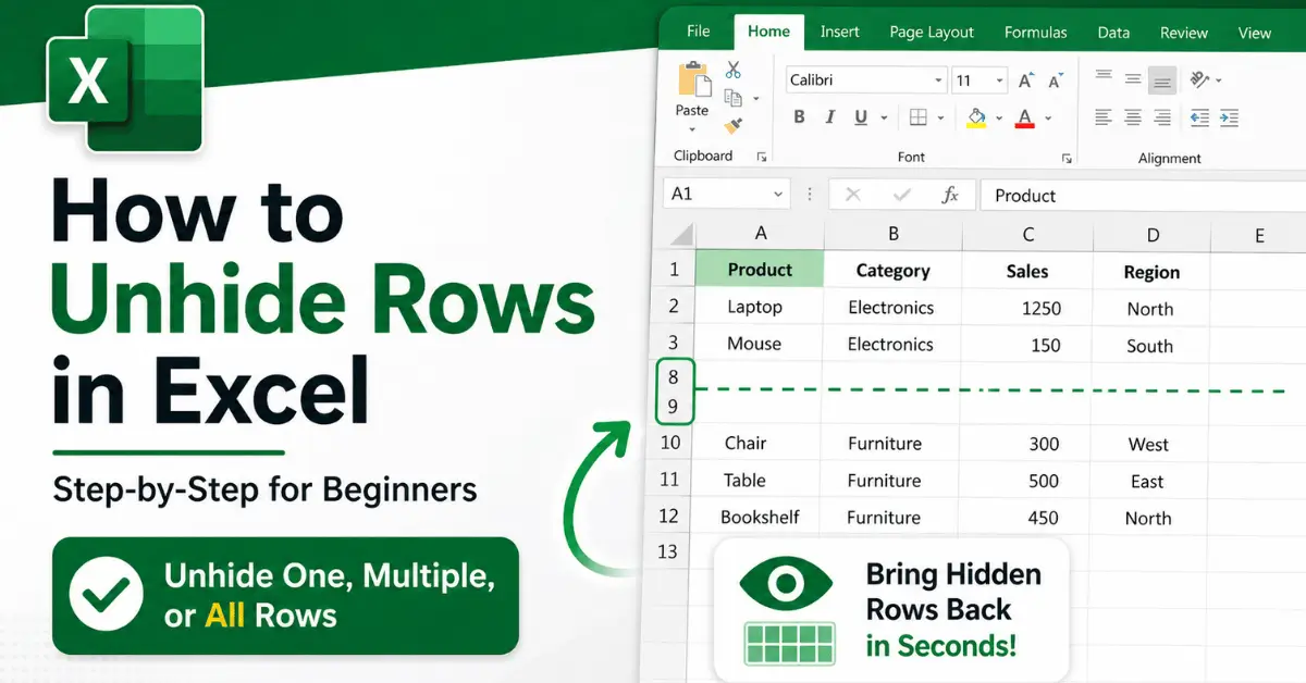 A worksheet showing how to unhide rows in Excel.