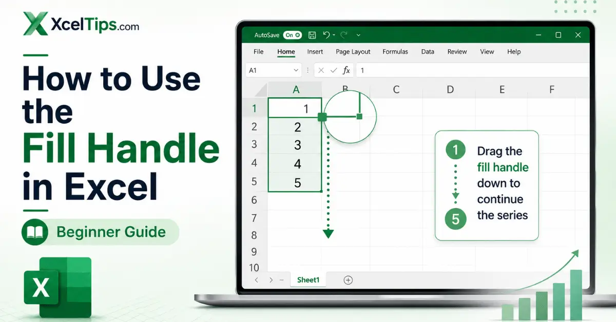 A worksheet showing how to use the fill handle in Excel to continue a simple data series.