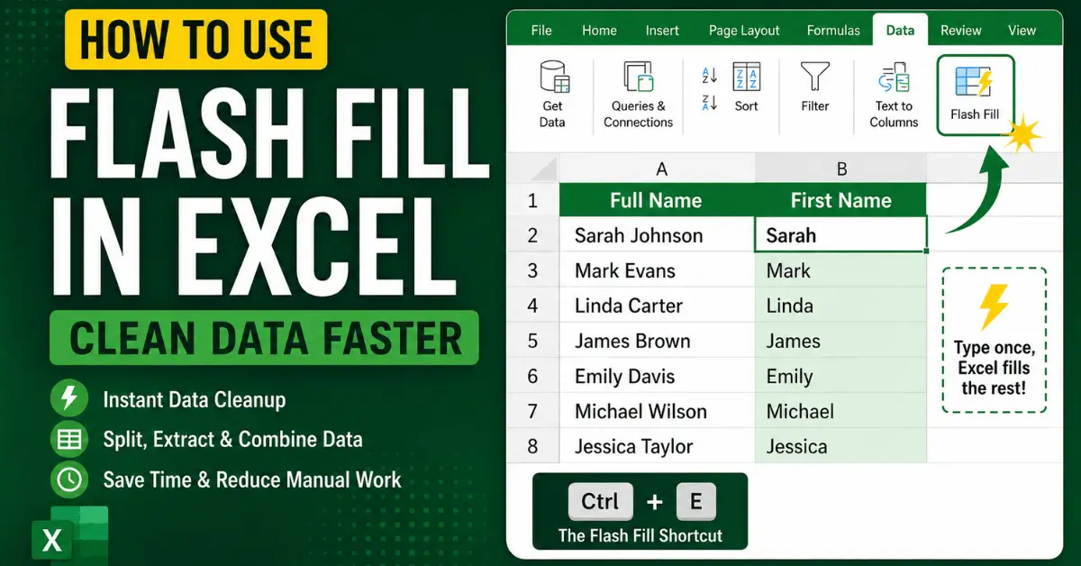 Example of How to Use Flash Fill in Excel filling first names from a full name column.