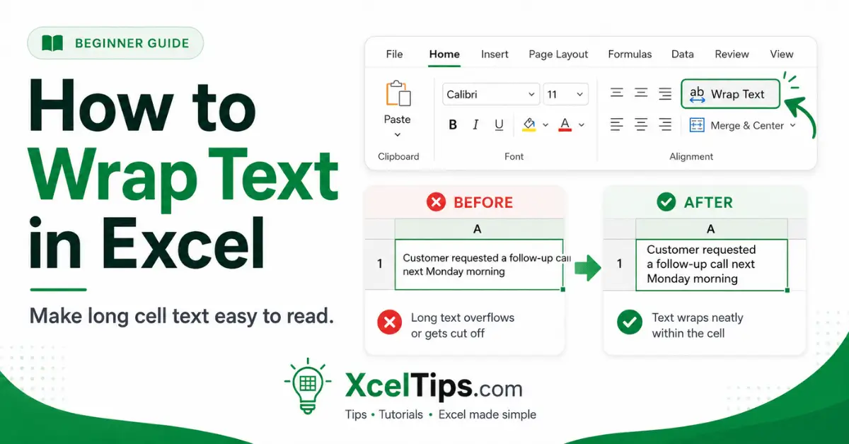 How to wrap text in Excel using the Wrap Text button on the Home tab.