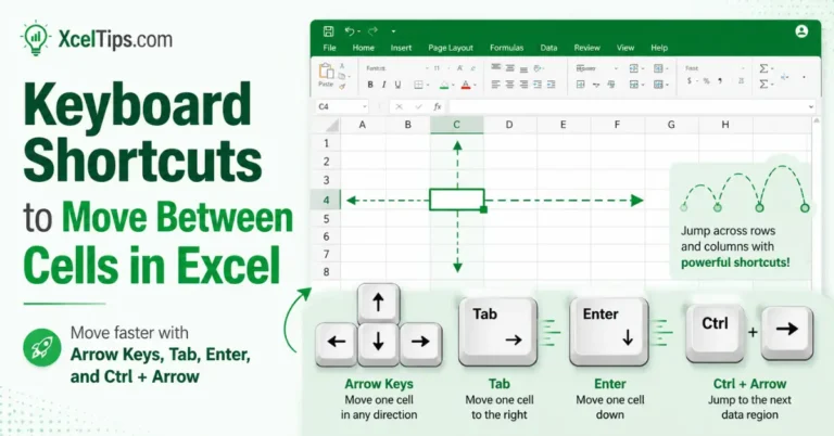 Keyboard shortcuts to move between cells in Excel using arrow keys, Tab, Enter, and Ctrl plus Arrow.