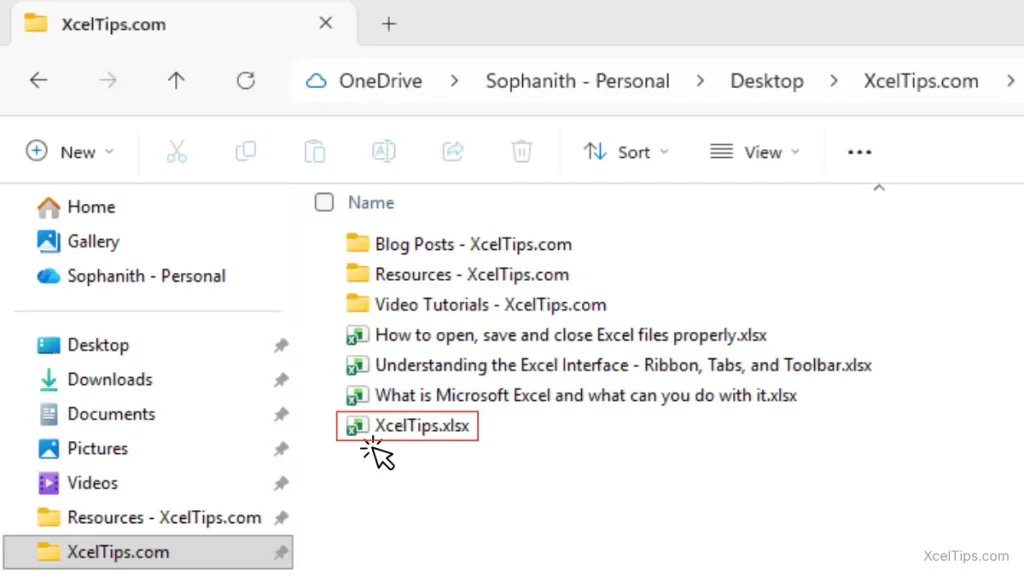 Screenshot of Windows File Explorer showing an Excel workbook file named XcelTips.xlsx being opened by double-clicking it.