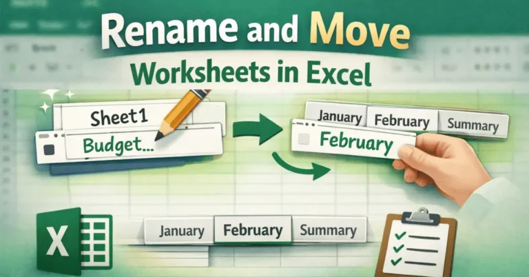 Infographic showing how to rename a sheet in Excel and move it.