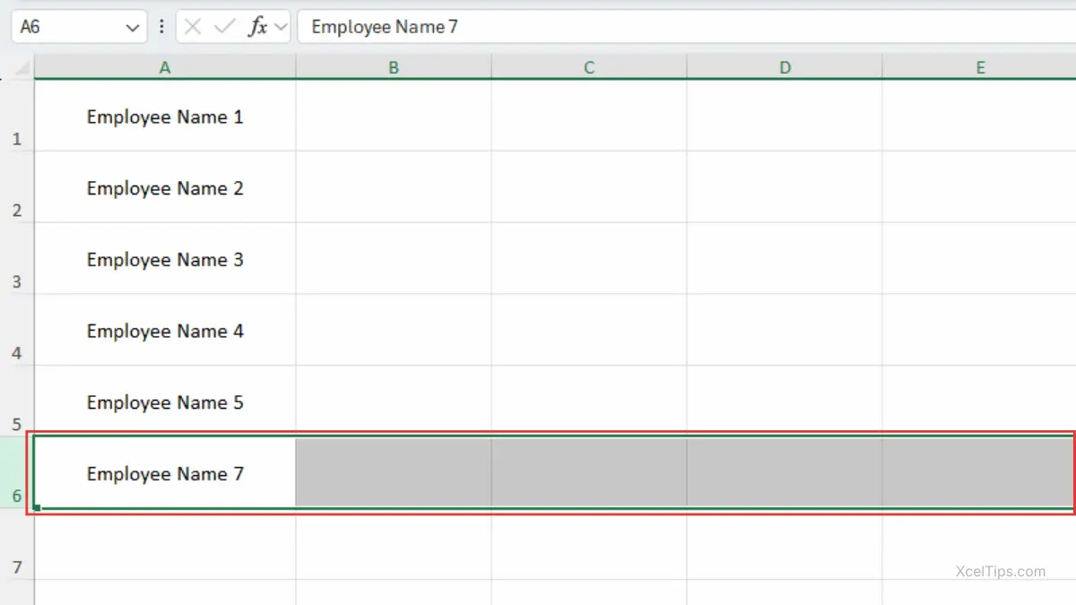 Excel worksheet after Old Employee Name 6 is deleted and Employee Name 7 moves up.