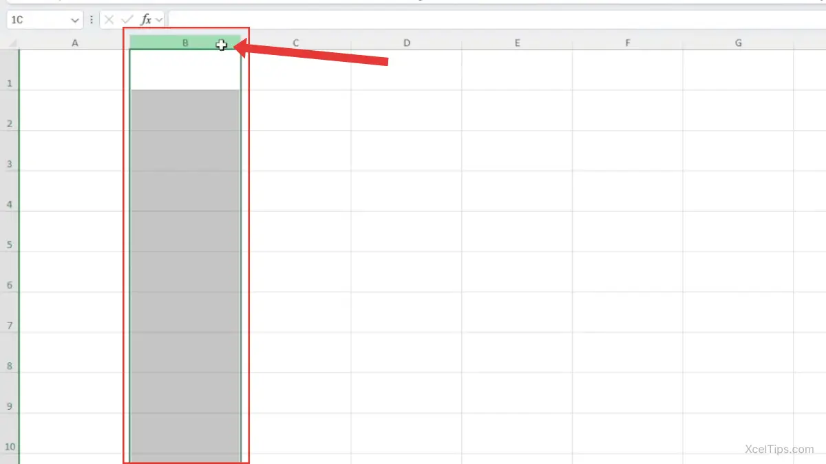 Excel worksheet showing column B selected first before dragging to select multiple adjacent columns.