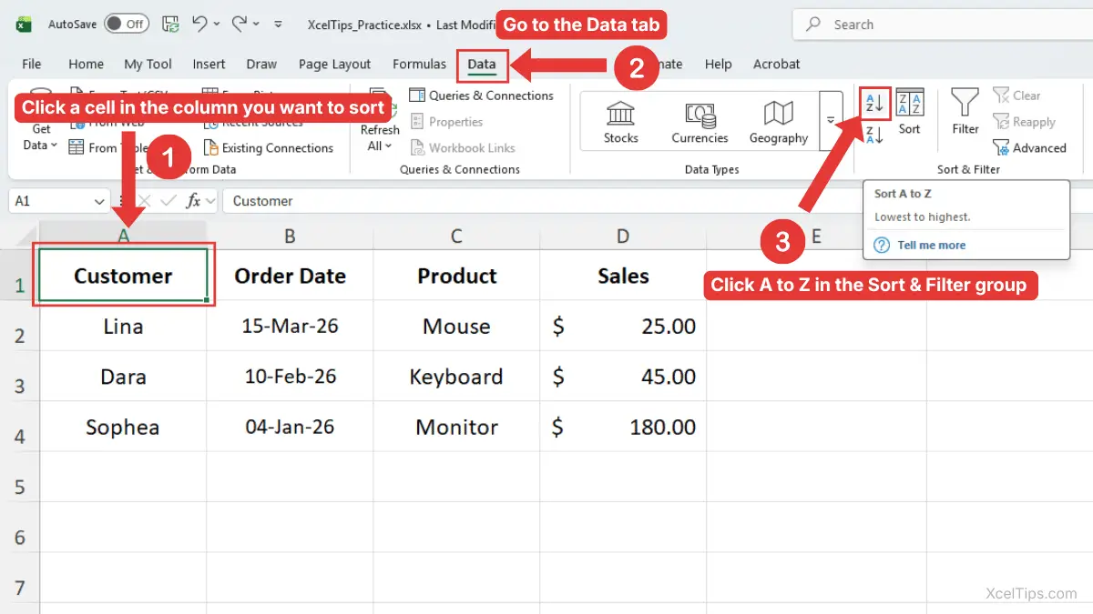 Excel Data tab showing the A to Z sort button used to sort data in Excel by the Customer column