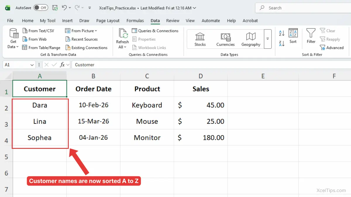 Excel worksheet showing the Customer column sorted A to Z after using the sort data in Excel feature.