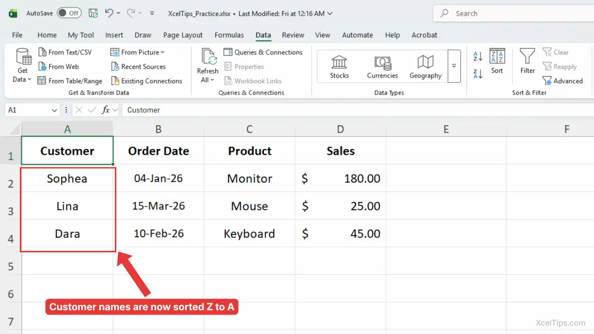 Excel worksheet showing the Customer column sorted Z to A after using the sort data in Excel command.