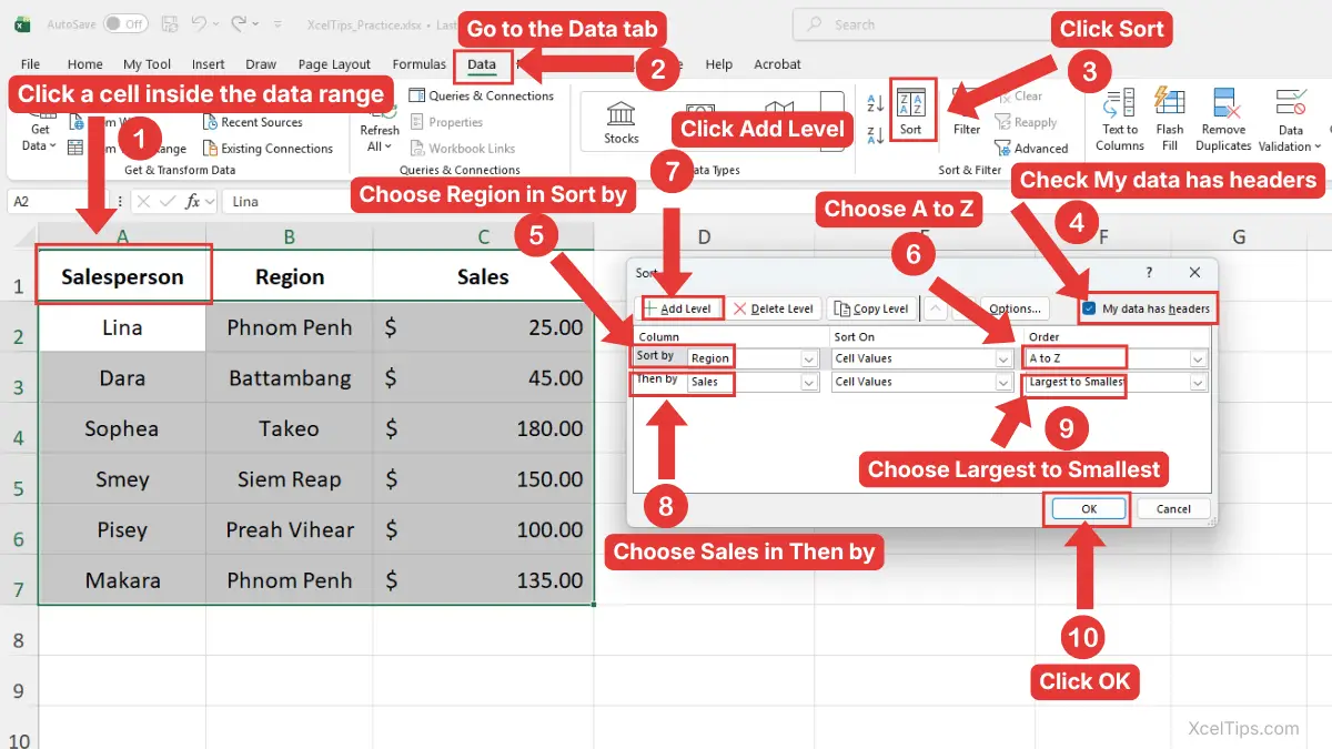 Excel Sort dialog box showing how to sort data in Excel by Region first and then by Sales from largest to smallest.