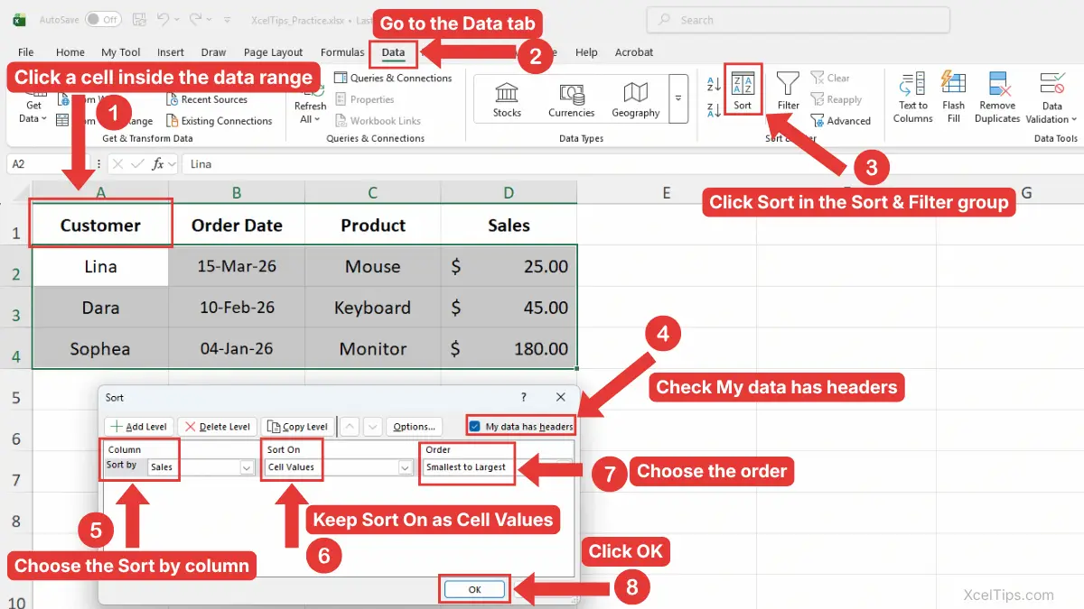 Excel Sort dialog box showing how to sort data in Excel by the Sales column using Cell Values and a selected order.