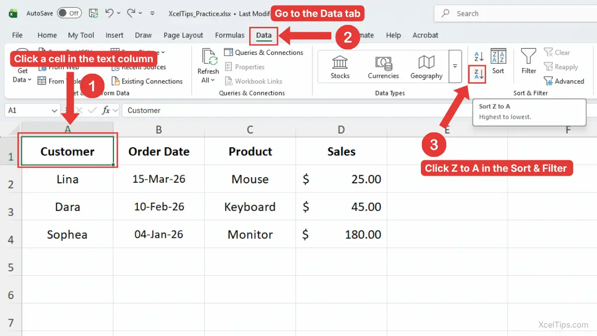 Excel Data tab showing the Z to A sort button used to sort data in Excel in reverse alphabetical order.