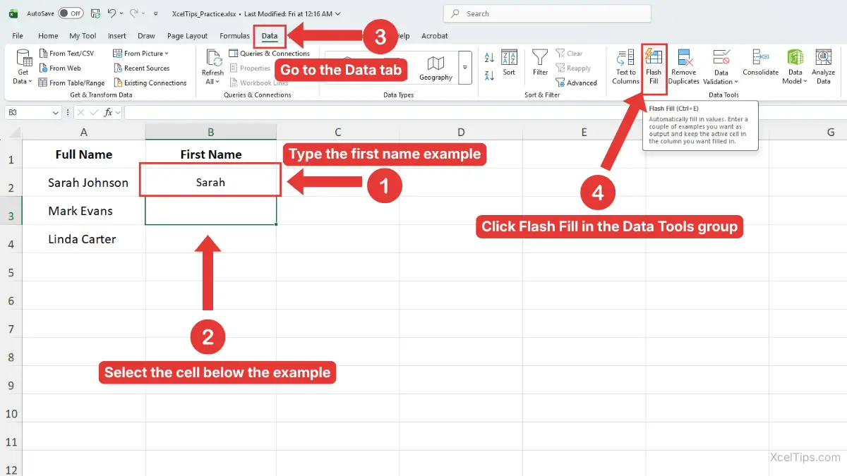 Excel Data tab showing the Flash Fill button used to fill first names from a full name column.