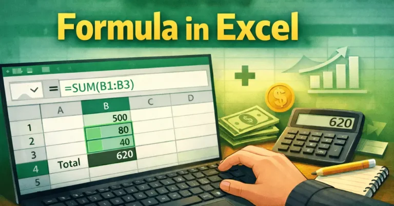 Infographic showing Excel formula for beginners using SUM function in Excel 365 on Windows.