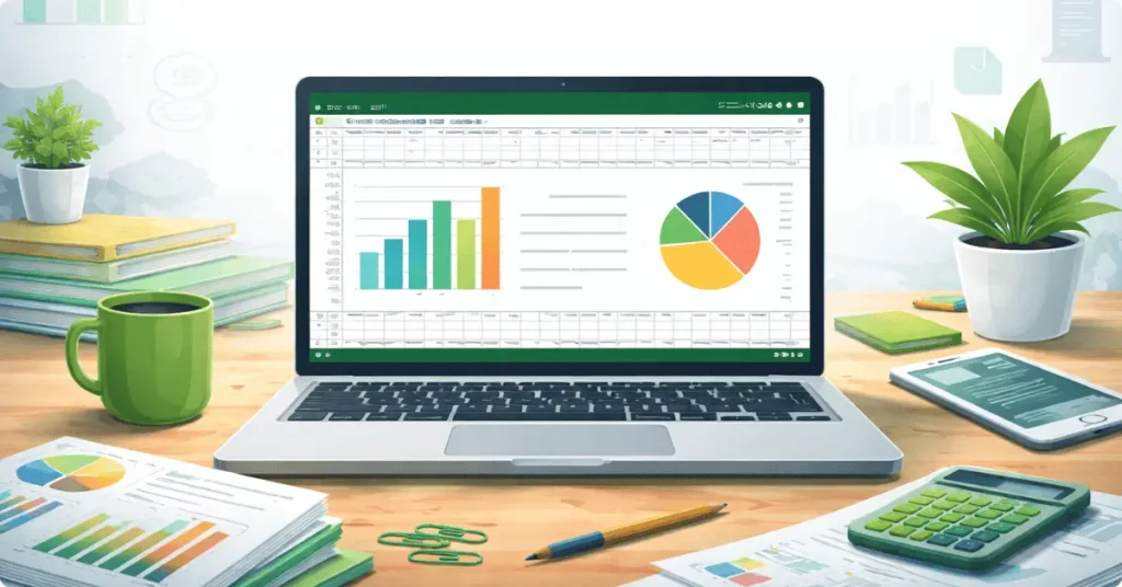 What is Microsoft Excel? This image answer the question by showing Microsoft Excel interface with a spreadsheet, charts and data on a laptop for beginners.